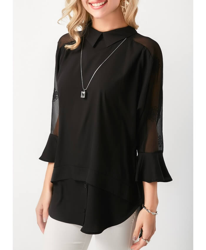 Flare Cuff Layered Mesh Panel Black Blouse